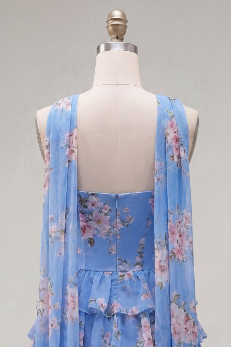 Load image into Gallery viewer, Dark Blue Floral Ruffled A-Line Short Prom Dress with Neck Scarf