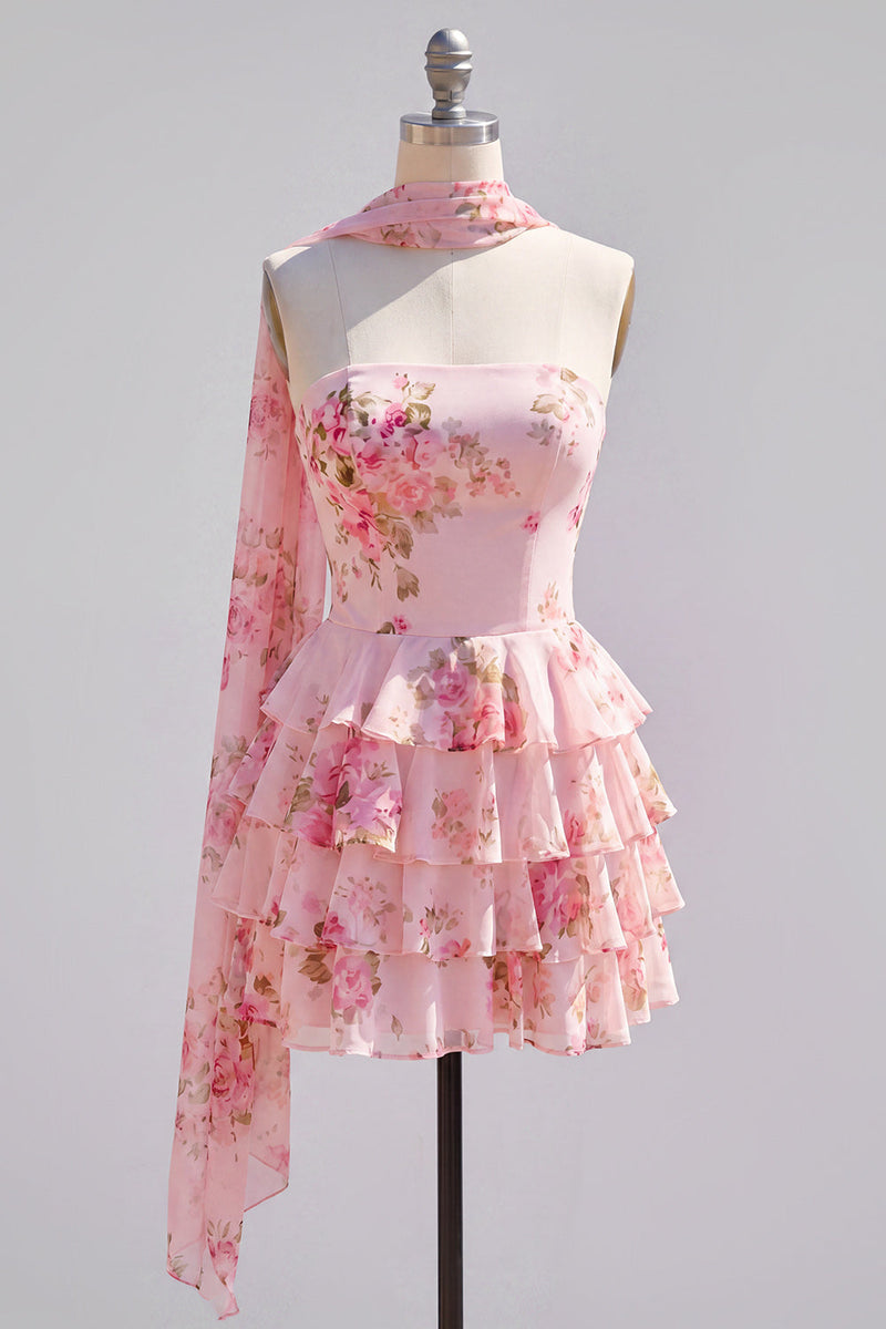 Load image into Gallery viewer, Dark Blue Floral Ruffled A-Line Short Prom Dress with Neck Scarf
