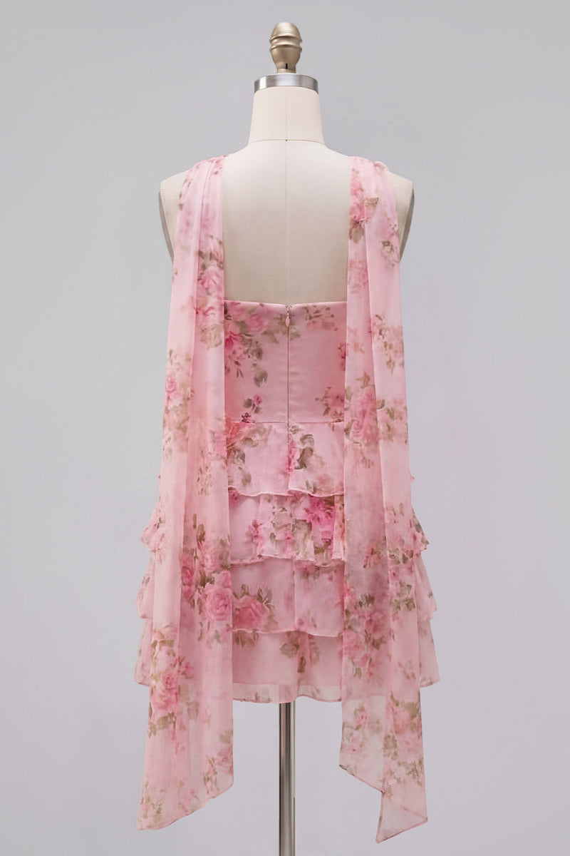 Load image into Gallery viewer, Dark Blue Floral Ruffled A-Line Short Prom Dress with Neck Scarf