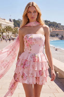 Load image into Gallery viewer, Dark Blue Floral Ruffled A-Line Short Prom Dress with Neck Scarf