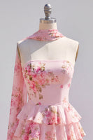 Load image into Gallery viewer, Dark Blue Floral Ruffled A-Line Short Prom Dress with Neck Scarf
