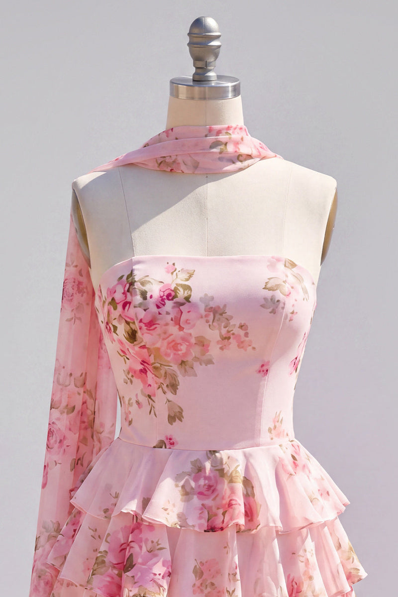 Load image into Gallery viewer, Dark Blue Floral Ruffled A-Line Short Prom Dress with Neck Scarf