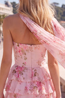 Load image into Gallery viewer, Dark Blue Floral Ruffled A-Line Short Prom Dress with Neck Scarf