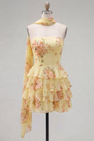 Load image into Gallery viewer, Dark Blue Floral Ruffled A-Line Short Prom Dress with Neck Scarf