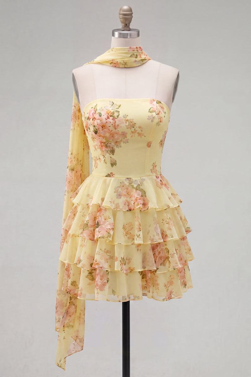 Load image into Gallery viewer, Dark Blue Floral Ruffled A-Line Short Prom Dress with Neck Scarf
