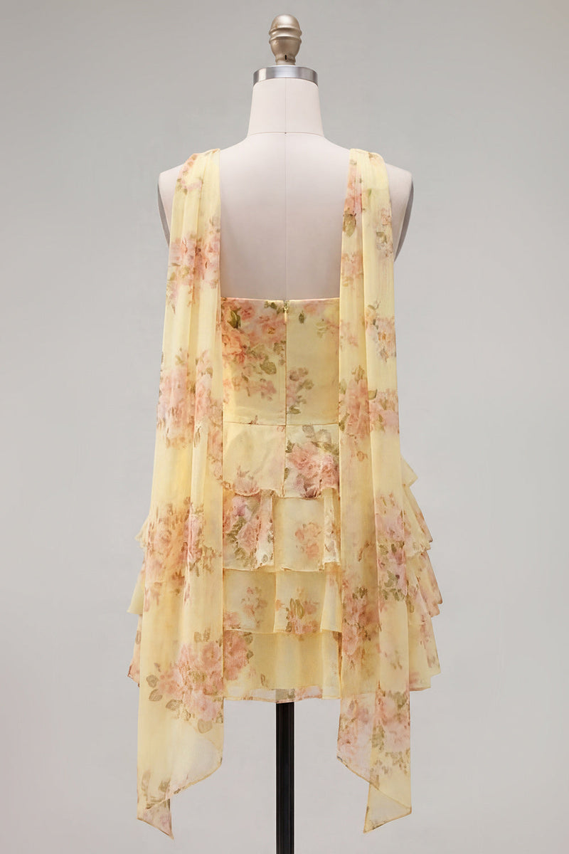 Load image into Gallery viewer, Dark Blue Floral Ruffled A-Line Short Prom Dress with Neck Scarf