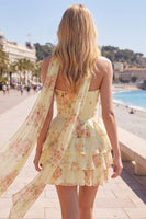 Load image into Gallery viewer, Dark Blue Floral Ruffled A-Line Short Prom Dress with Neck Scarf