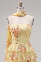 Load image into Gallery viewer, Dark Blue Floral Ruffled A-Line Short Prom Dress with Neck Scarf