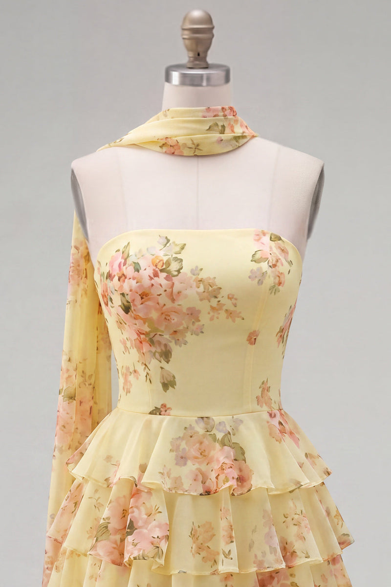 Load image into Gallery viewer, Dark Blue Floral Ruffled A-Line Short Prom Dress with Neck Scarf