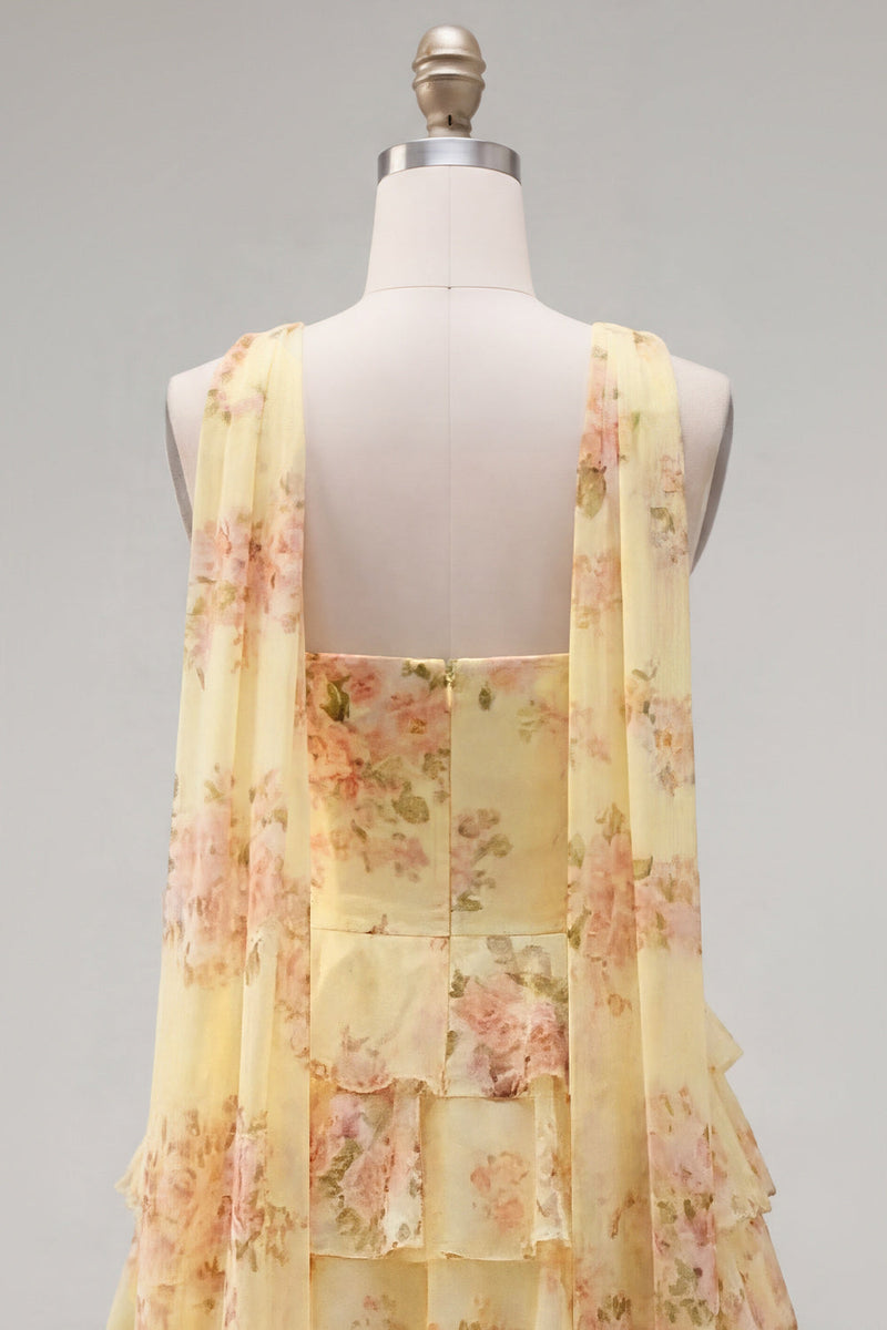 Load image into Gallery viewer, Dark Blue Floral Ruffled A-Line Short Prom Dress with Neck Scarf