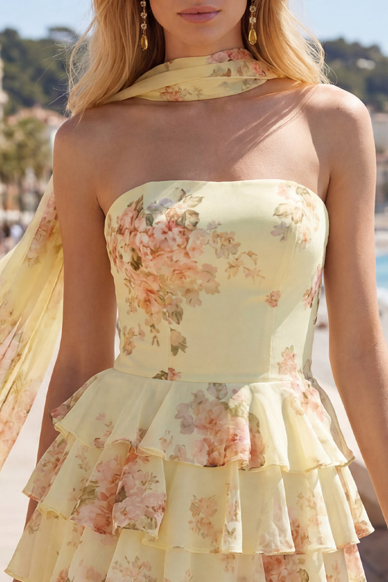 Load image into Gallery viewer, Dark Blue Floral Ruffled A-Line Short Prom Dress with Neck Scarf