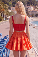 Load image into Gallery viewer, 2 Piece A-Line Ruffled Rust Orange Corset Short Prom Dress