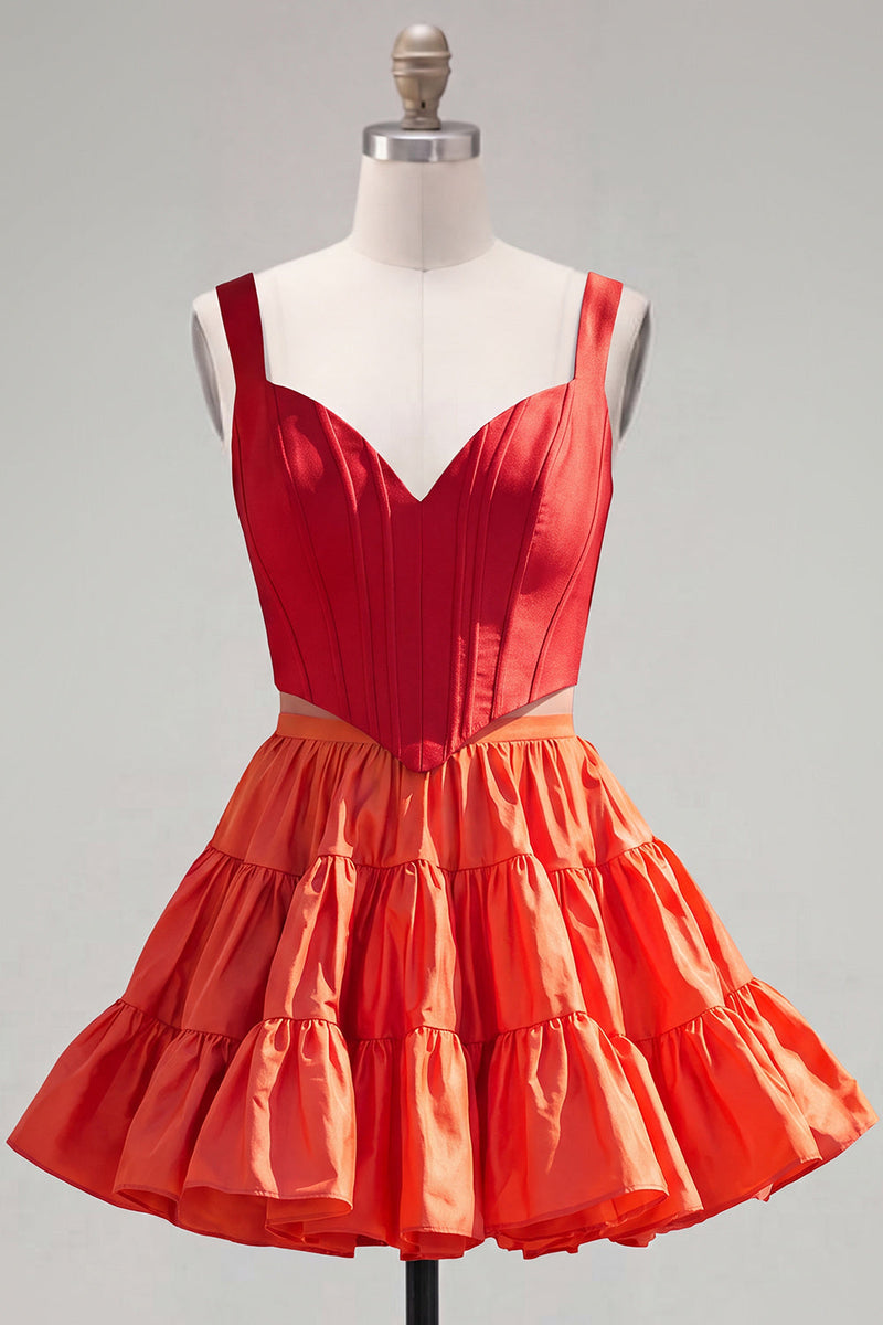 Load image into Gallery viewer, 2 Piece A-Line Ruffled Rust Orange Corset Short Prom Dress