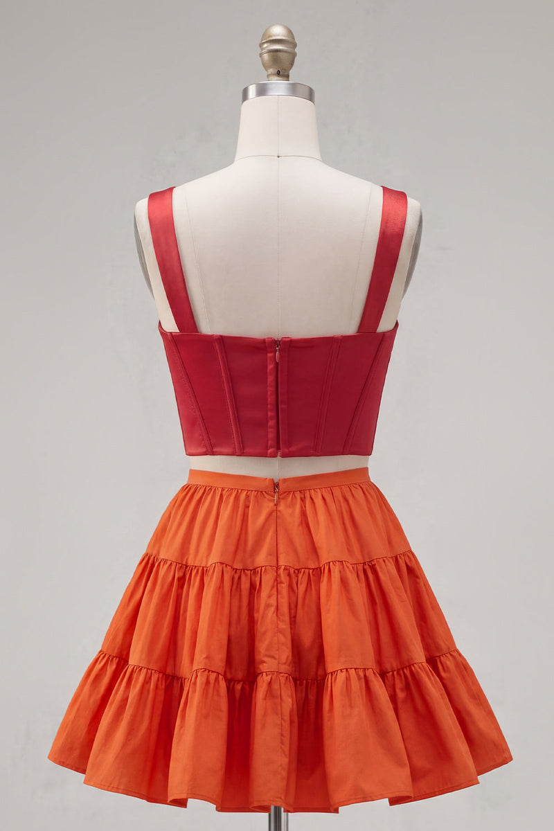 Load image into Gallery viewer, 2 Piece A-Line Ruffled Rust Orange Corset Short Prom Dress