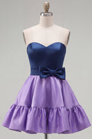 Load image into Gallery viewer, A-Line Navy Purple Color Block Ruffled Short Prom Dress with Bow