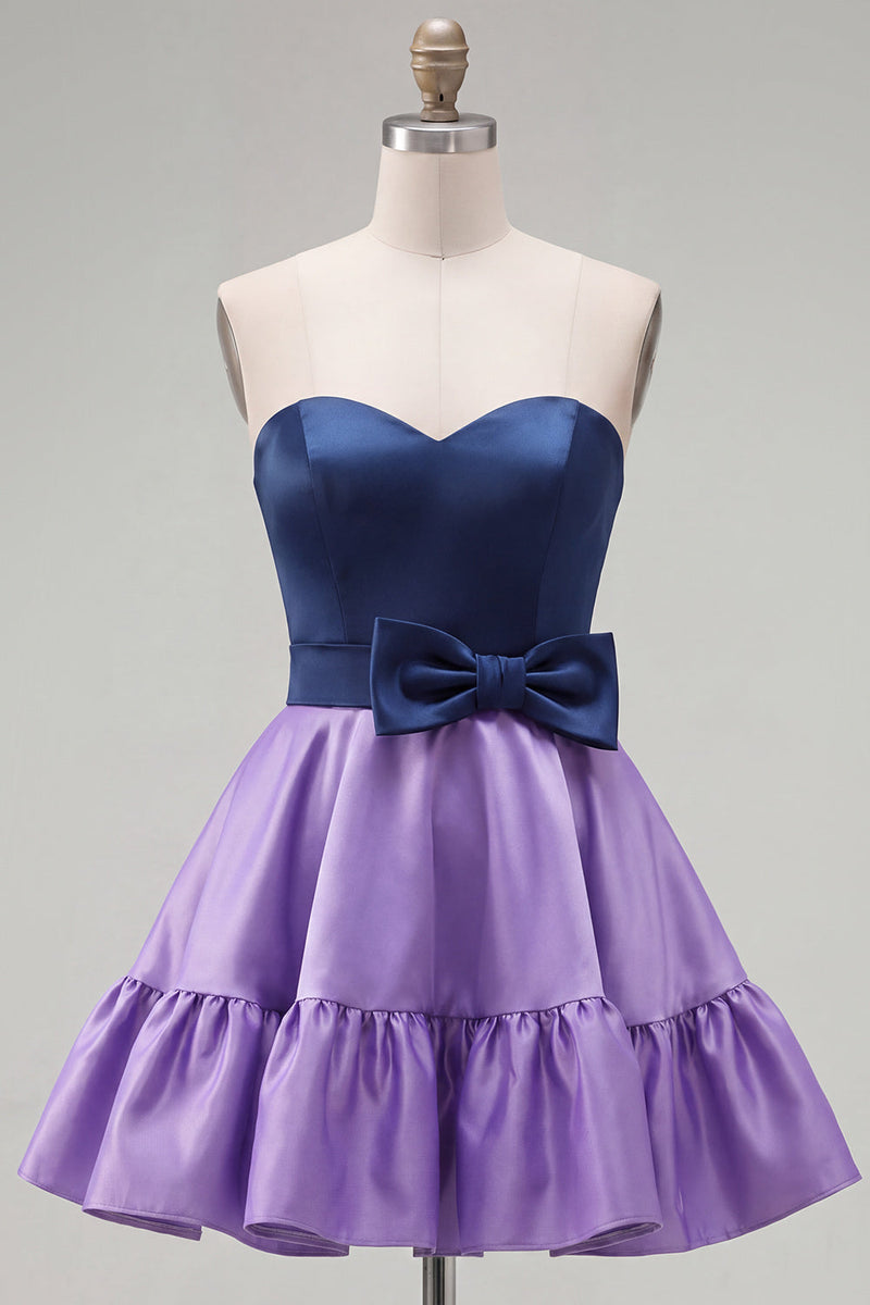 Load image into Gallery viewer, A-Line Navy Purple Color Block Ruffled Short Prom Dress with Bow