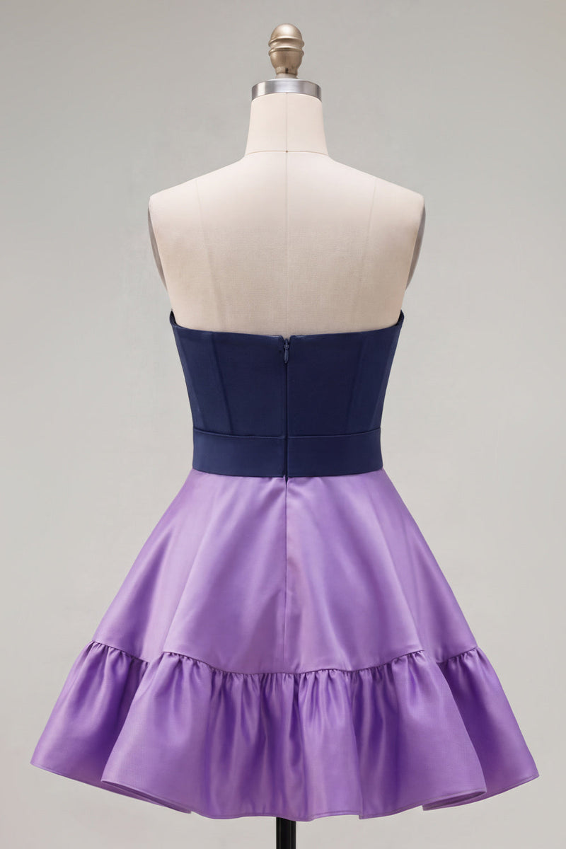 Load image into Gallery viewer, A-Line Navy Purple Color Block Ruffled Short Prom Dress with Bow