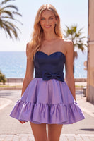 Load image into Gallery viewer, A-Line Navy Purple Color Block Ruffled Short Prom Dress with Bow