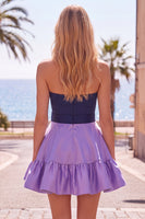 Load image into Gallery viewer, A-Line Navy Purple Color Block Ruffled Short Prom Dress with Bow