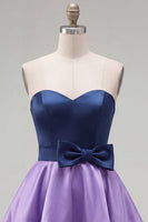 Load image into Gallery viewer, A-Line Navy Purple Color Block Ruffled Short Prom Dress with Bow