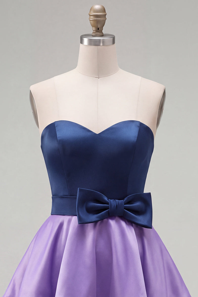 Load image into Gallery viewer, A-Line Navy Purple Color Block Ruffled Short Prom Dress with Bow