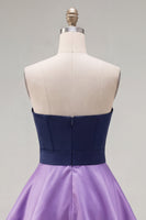 Load image into Gallery viewer, A-Line Navy Purple Color Block Ruffled Short Prom Dress with Bow