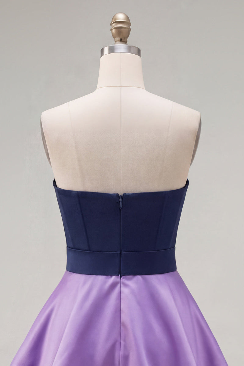 Load image into Gallery viewer, A-Line Navy Purple Color Block Ruffled Short Prom Dress with Bow