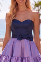 Load image into Gallery viewer, A-Line Navy Purple Color Block Ruffled Short Prom Dress with Bow