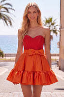 Load image into Gallery viewer, A-Line Navy Purple Color Block Ruffled Short Prom Dress with Bow