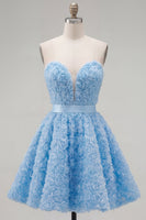 Load image into Gallery viewer, A-Line Blue Sweetheart Short Short Prom Dress with 3D Flowers