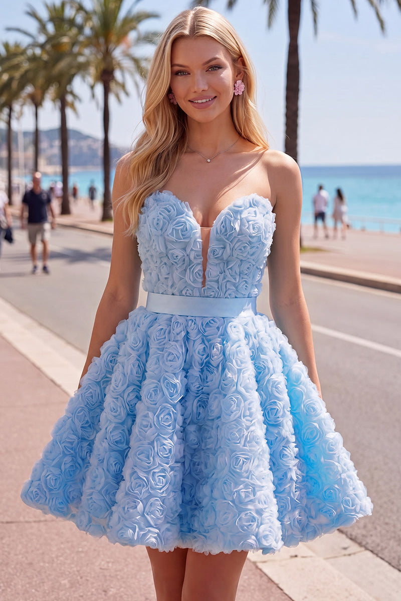 Load image into Gallery viewer, A-Line Blue Sweetheart Short Short Prom Dress with 3D Flowers