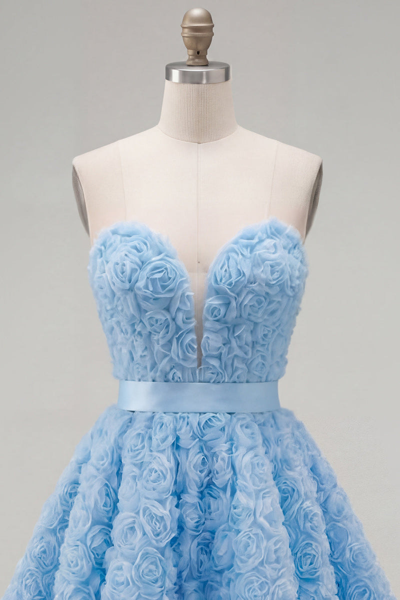 Load image into Gallery viewer, A-Line Blue Sweetheart Short Short Prom Dress with 3D Flowers