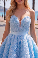 Load image into Gallery viewer, A-Line Blue Sweetheart Short Short Prom Dress with 3D Flowers