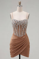 Load image into Gallery viewer, Sparkly Khaki Ruched Tight Corset Short Prom Dress with Rhinestones