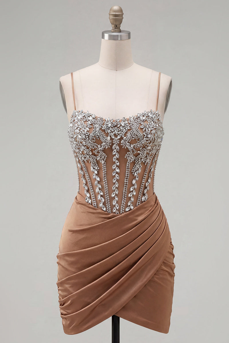 Load image into Gallery viewer, Sparkly Khaki Ruched Tight Corset Short Prom Dress with Rhinestones