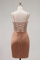 Load image into Gallery viewer, Sparkly Khaki Ruched Tight Corset Short Prom Dress with Rhinestones
