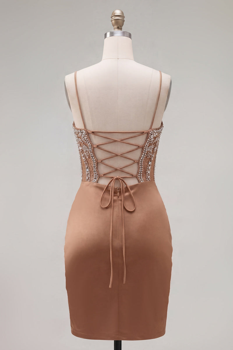 Load image into Gallery viewer, Sparkly Khaki Ruched Tight Corset Short Prom Dress with Rhinestones