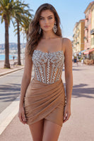 Load image into Gallery viewer, Sparkly Khaki Ruched Tight Corset Short Prom Dress with Rhinestones