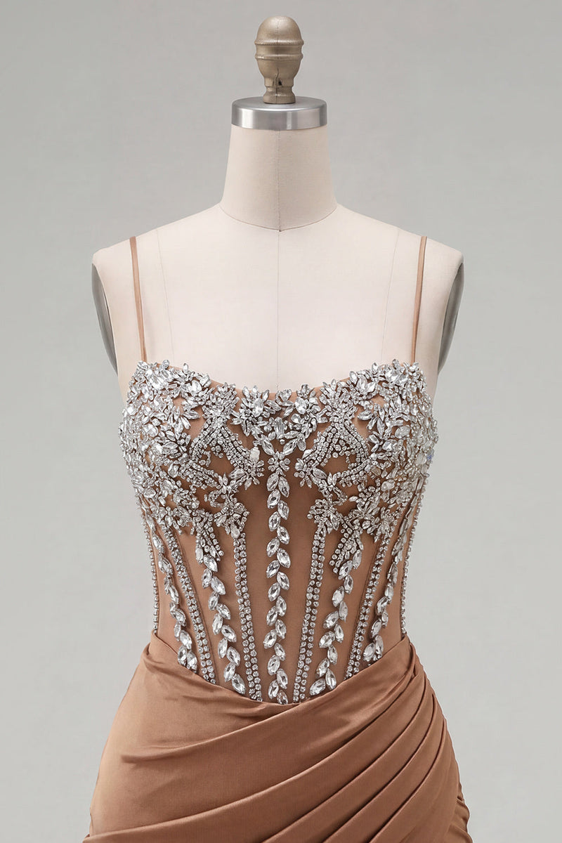 Load image into Gallery viewer, Sparkly Khaki Ruched Tight Corset Short Prom Dress with Rhinestones