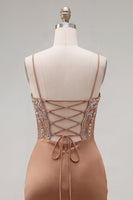 Load image into Gallery viewer, Sparkly Khaki Ruched Tight Corset Short Prom Dress with Rhinestones
