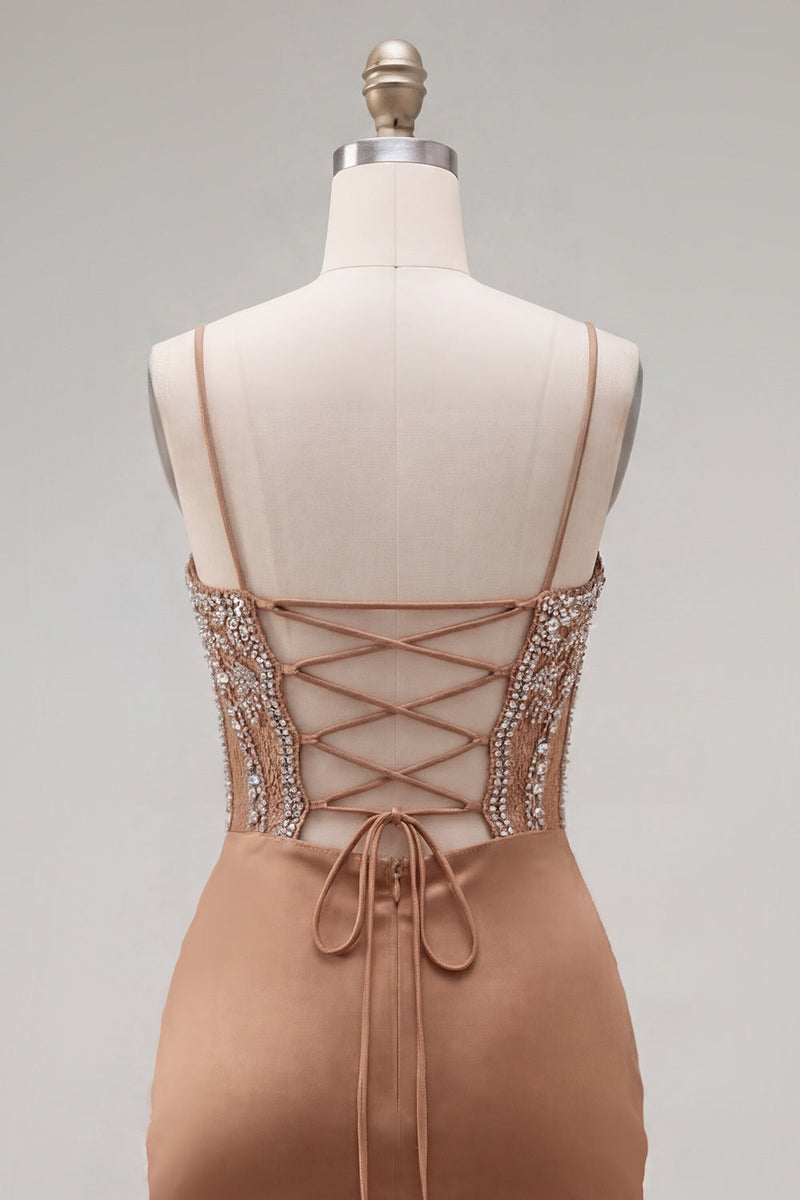 Load image into Gallery viewer, Sparkly Khaki Ruched Tight Corset Short Prom Dress with Rhinestones