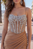 Load image into Gallery viewer, Sparkly Khaki Ruched Tight Corset Short Prom Dress with Rhinestones