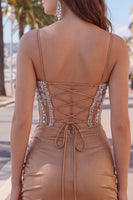 Load image into Gallery viewer, Sparkly Khaki Ruched Tight Corset Short Prom Dress with Rhinestones