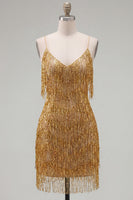 Load image into Gallery viewer, Golden Sparkly Tight Short Prom Dress with Fringes