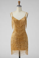 Load image into Gallery viewer, Golden Sparkly Tight Short Prom Dress with Fringes
