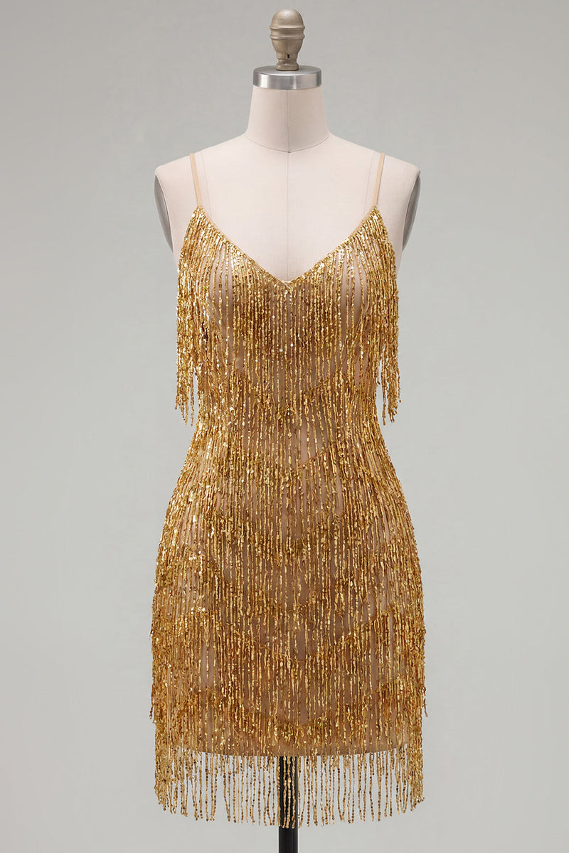Load image into Gallery viewer, Golden Sparkly Tight Short Prom Dress with Fringes