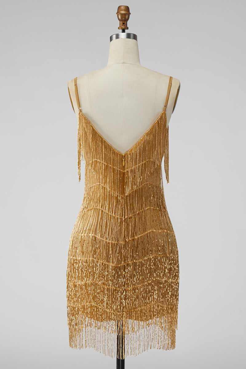 Load image into Gallery viewer, Golden Sparkly Tight Short Prom Dress with Fringes