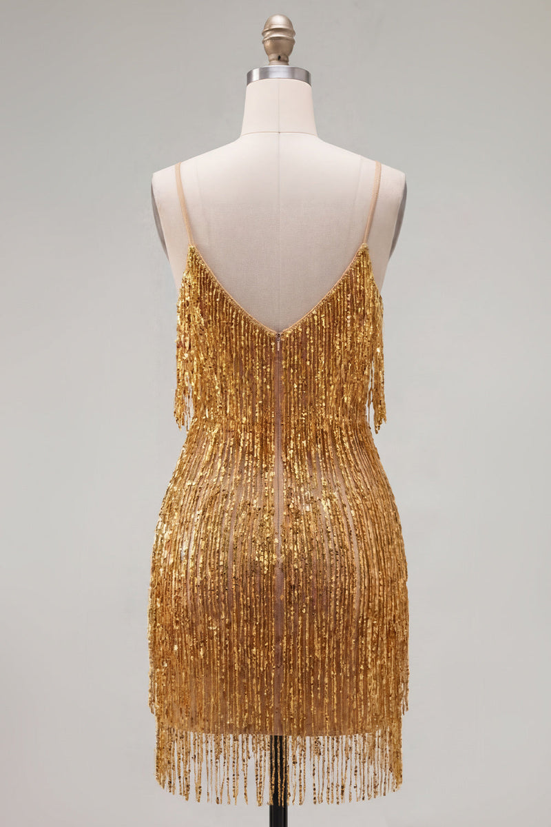 Load image into Gallery viewer, Golden Sparkly Tight Short Prom Dress with Fringes