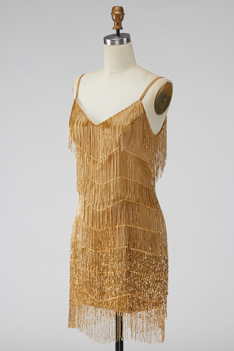 Load image into Gallery viewer, Golden Sparkly Tight Short Prom Dress with Fringes