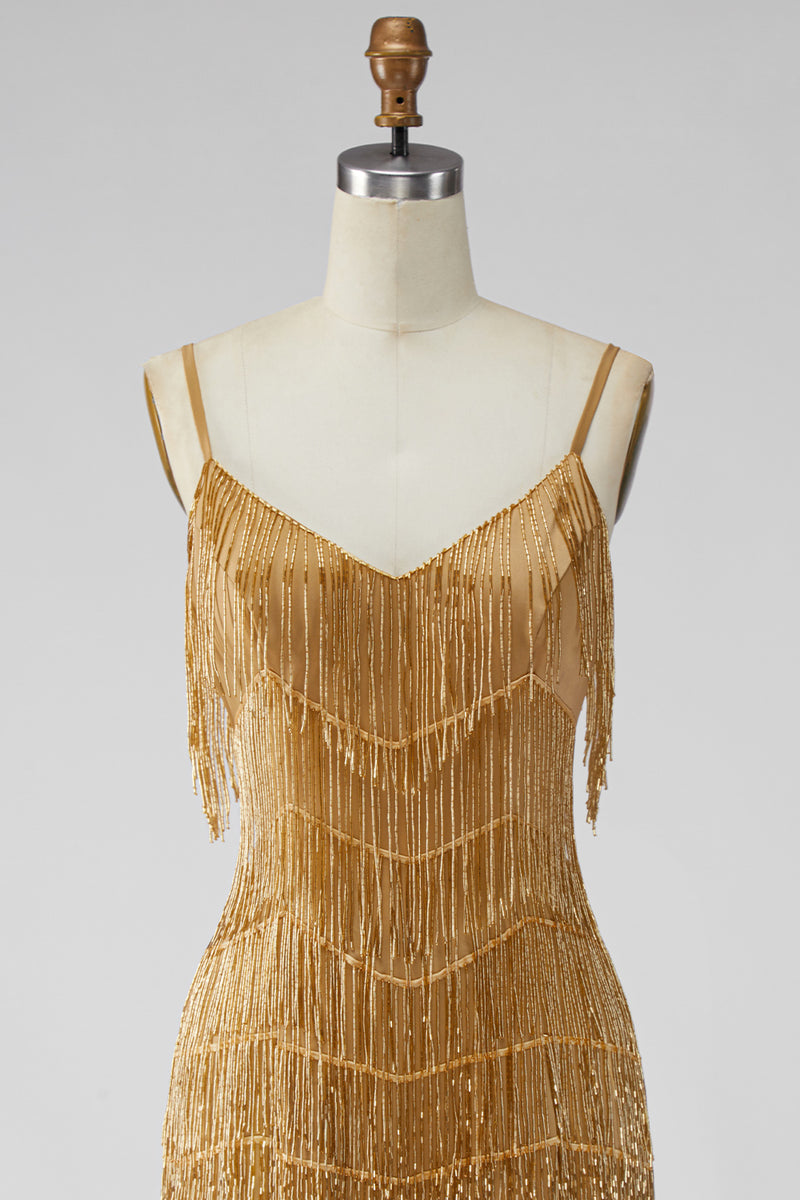 Load image into Gallery viewer, Golden Sparkly Tight Short Prom Dress with Fringes